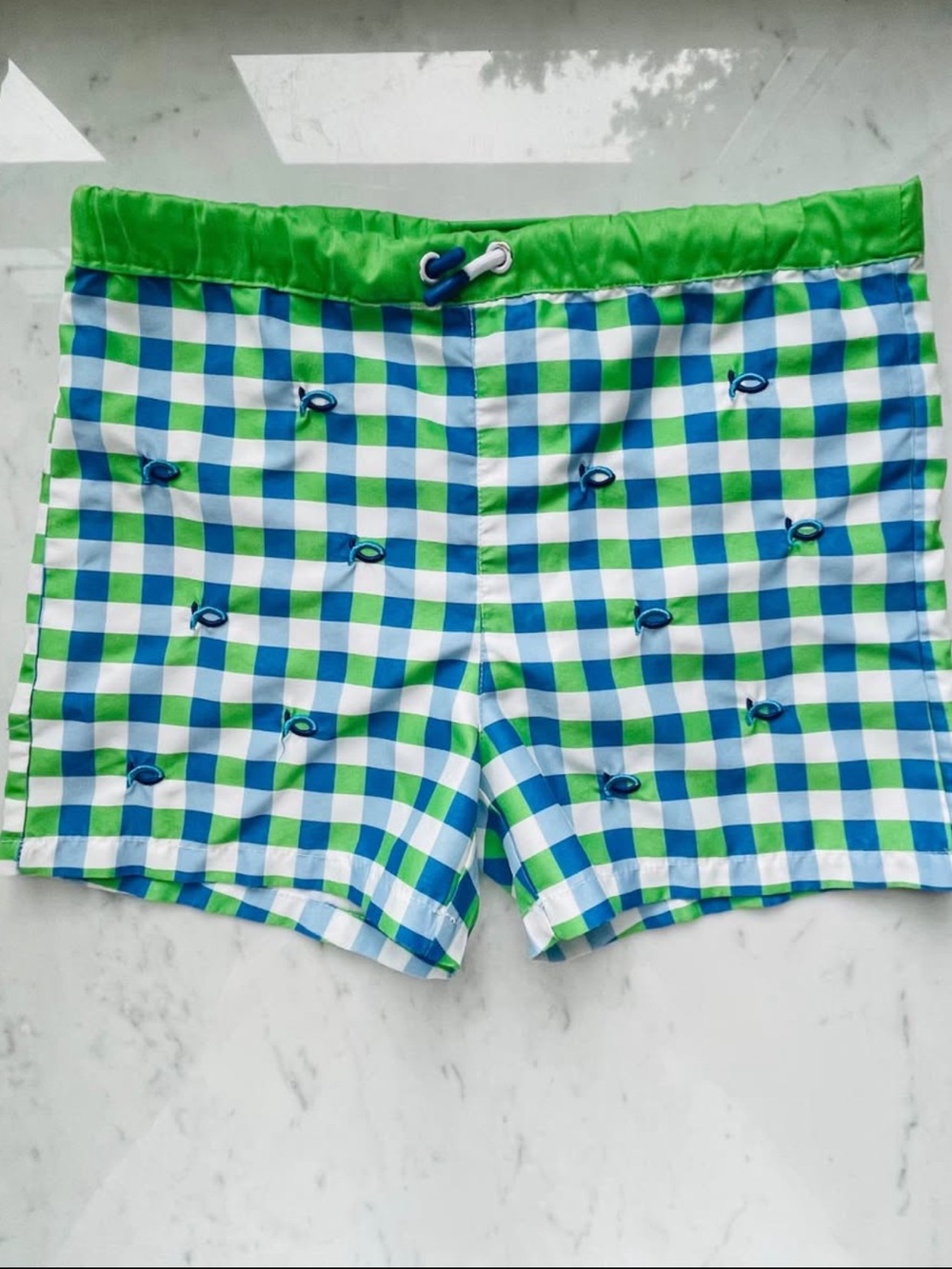Jacadi Blue and Green Gingham Swim Trunks Embroidered Fish Motif Boys Size 6